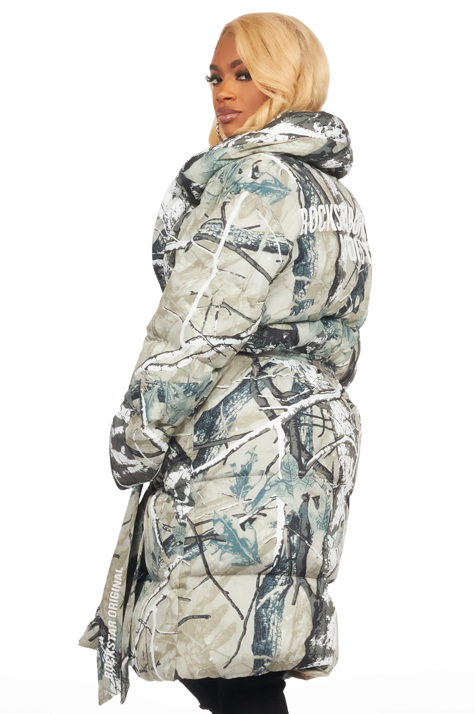 Sehrazat Tree Camo Long Wrap Puffer Jacket Female Product Image