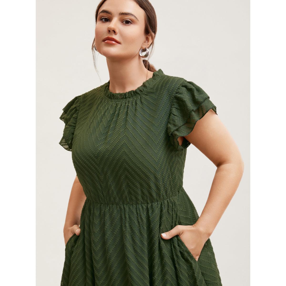 Plus Size Plain Geometric Layered Sleeve Pocket Ruffle Mock Neck Dress ArmyGreen Women Office See through Round Neck Cap Sleeve Curvy Midi Dress BloomChic 10/M Product Image