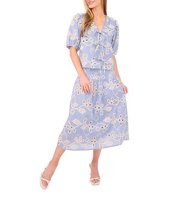 CeCe V-Neck Short Puff Sleeve Embroidered Tie Front Top Product Image