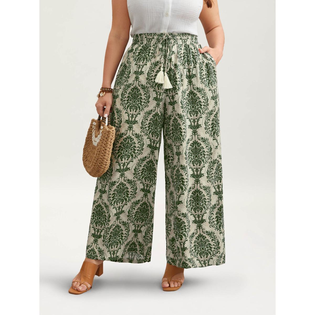 Plus Size Damask Print Tassel Straight-Leg Pants Women Midnight Boho Wide Leg Mid Rise Vacation Pants BloomChic 30/6X Product Image