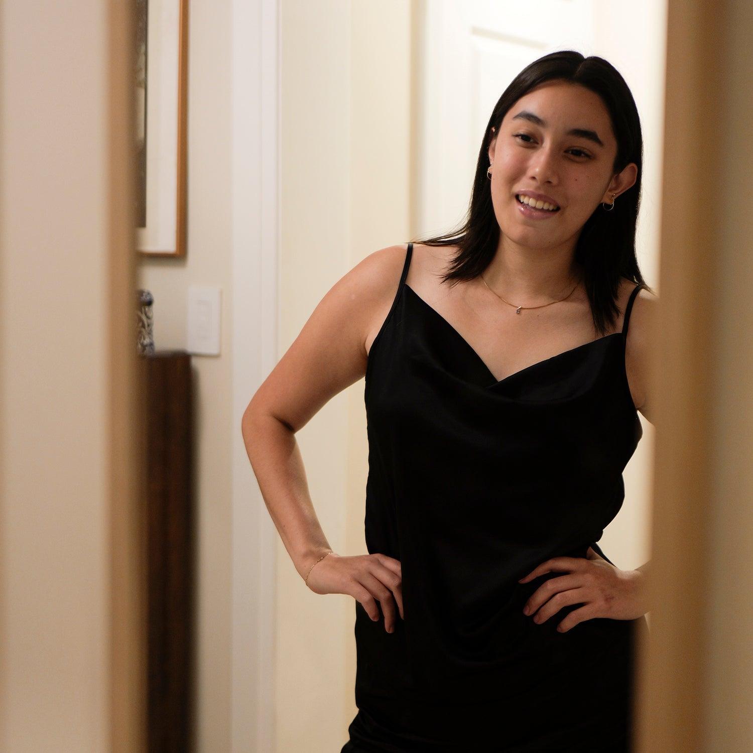 Black Pure Mulberry Silk Cowl Neck Camisole | High Waist Shorts | Lingerie Set | Spaghetti Strap Top | Bridesmaids Gift | Soar Collection Product Image