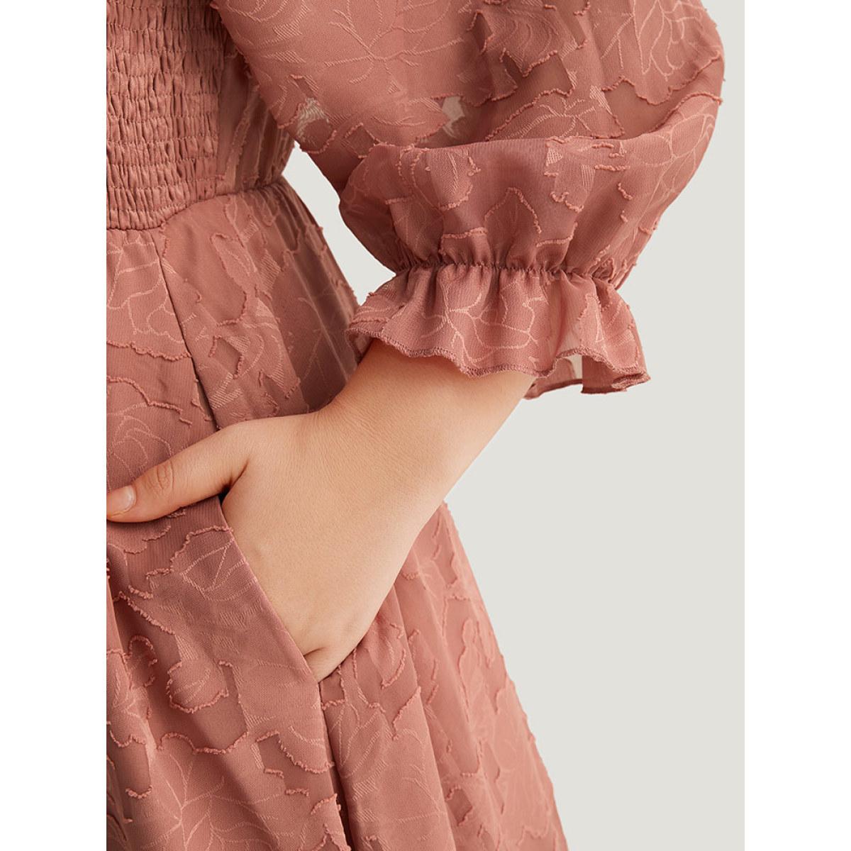 Plus Size Plain Pocket Frill Trim Lantern Sleeve Dress Watermelon Women Elegant Elastic cuffs Square Neck Elbow-length sleeve Curvy Midi Dress BloomChic 22-24/3X Product Image