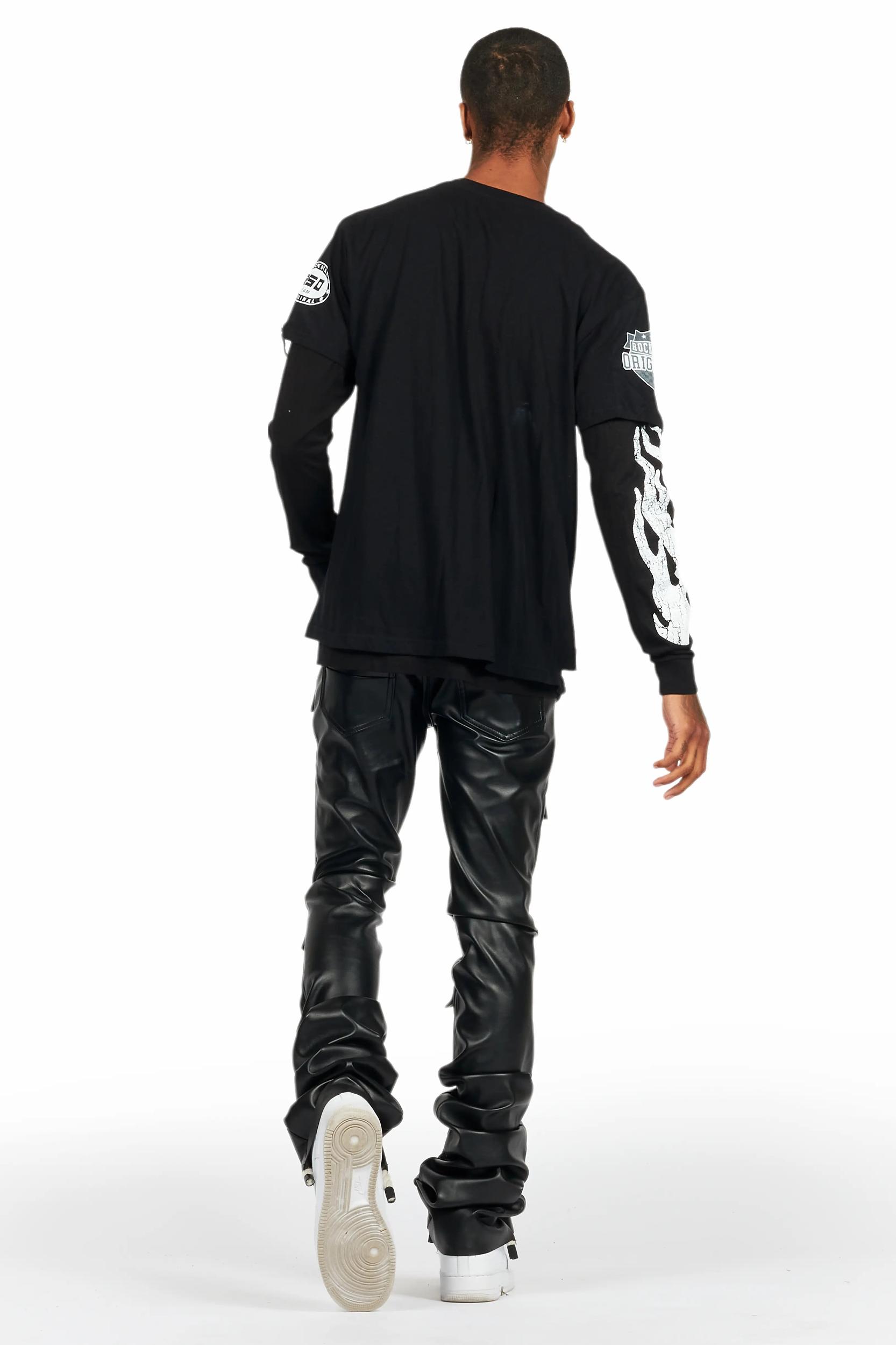 Petrus Black PU Stacked Flare Leather Jean Male Product Image