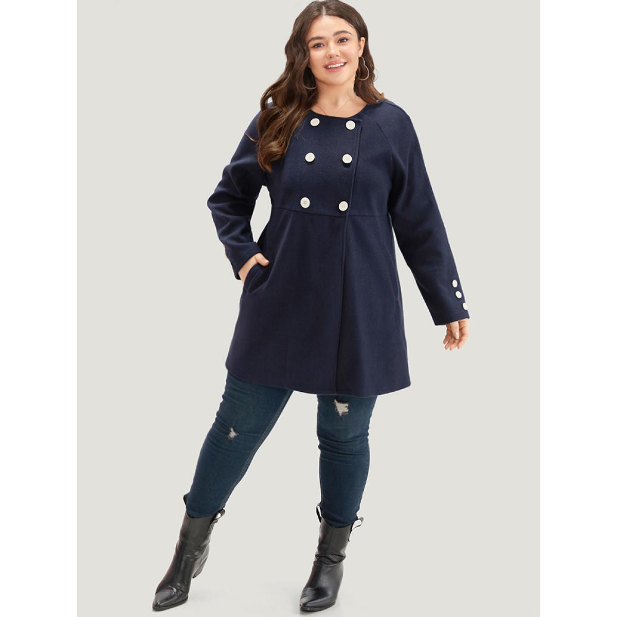 Plus Size Solid Button Detail pocket Coat Women Indigo Casual Plain Ladies Everyday Winter Coats BloomChic 22-24/3X Product Image