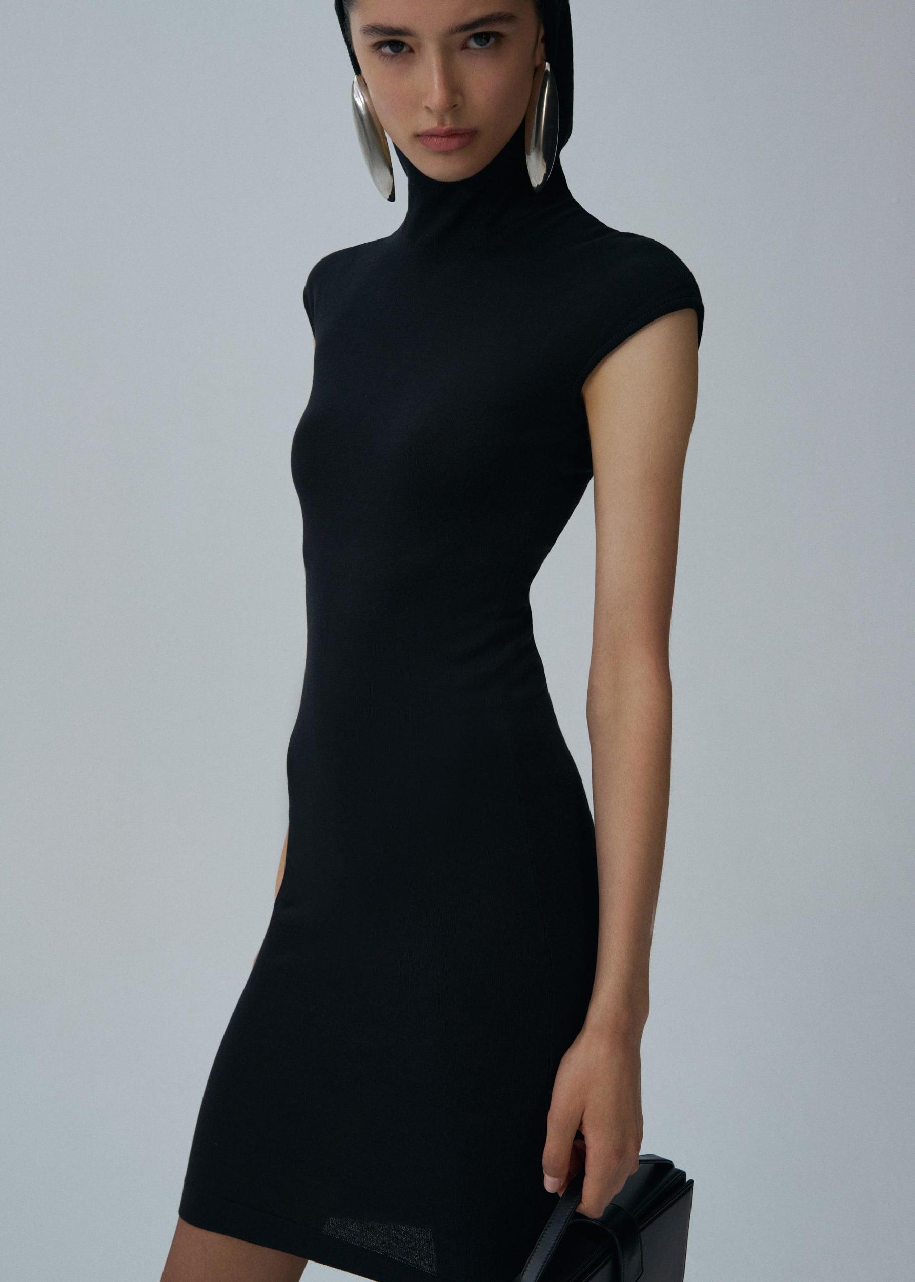 Hooded silk knitwear dress in black Product Image