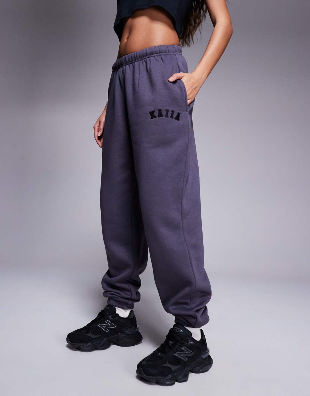 Kaiia Petite embroidered logo cuffed sweatpants in dark gray Product Image