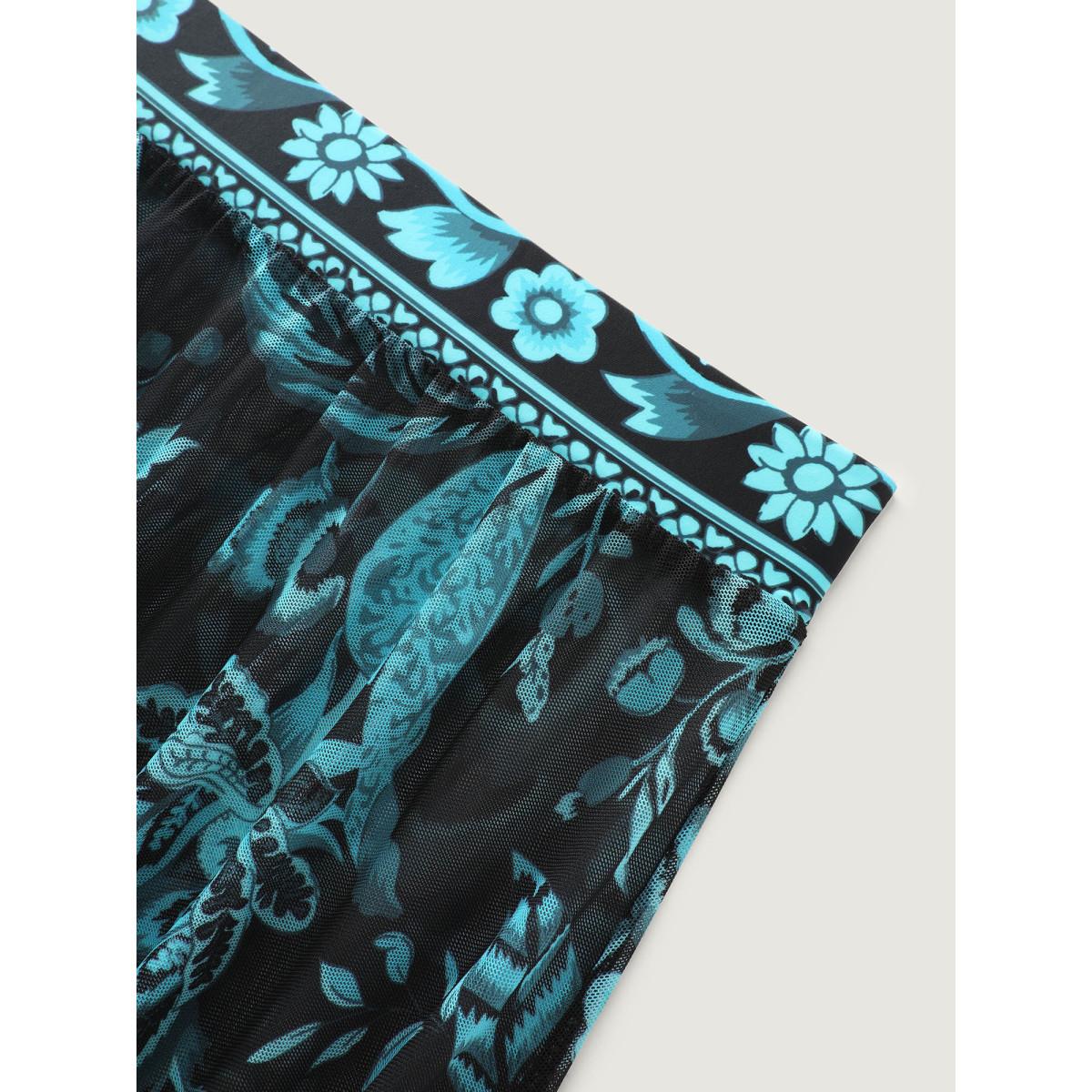 Plus Size Two-Piece Floral Print Ruched Mesh Swimsuit, Sarong Women's Swimwear Black Resort Gathered Curve Bathing Suits High stretch One Pieces BloomChic 30/6X Product Image