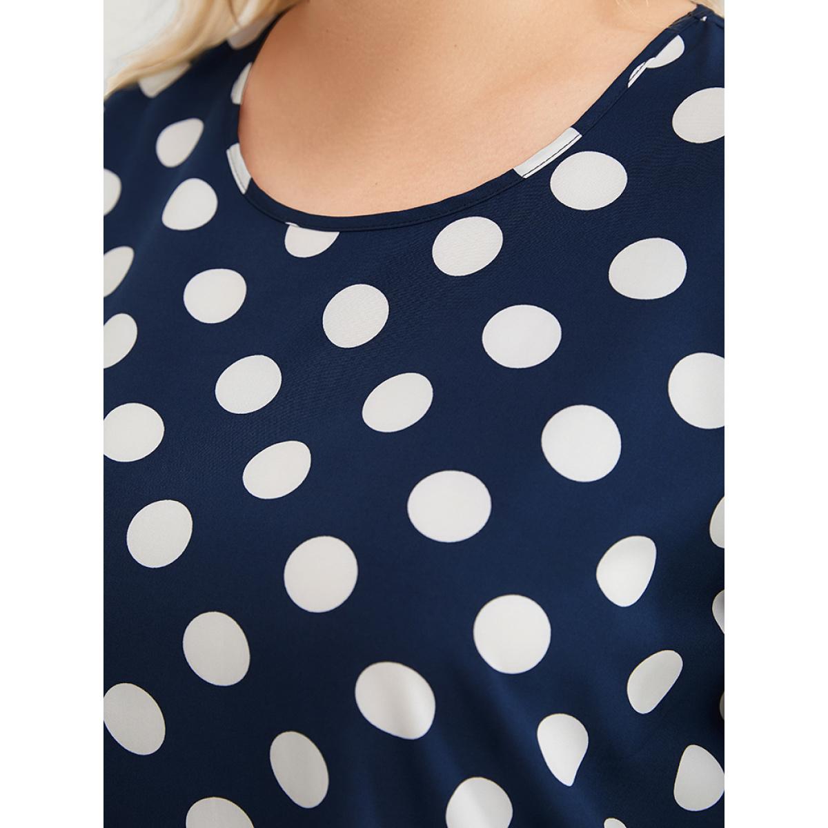 Plus Size Indigo Polka Dot Ruffle Tiered Sleeve Blouse Women Office Short sleeve Round Neck Office Blouses BloomChic 10/M Product Image