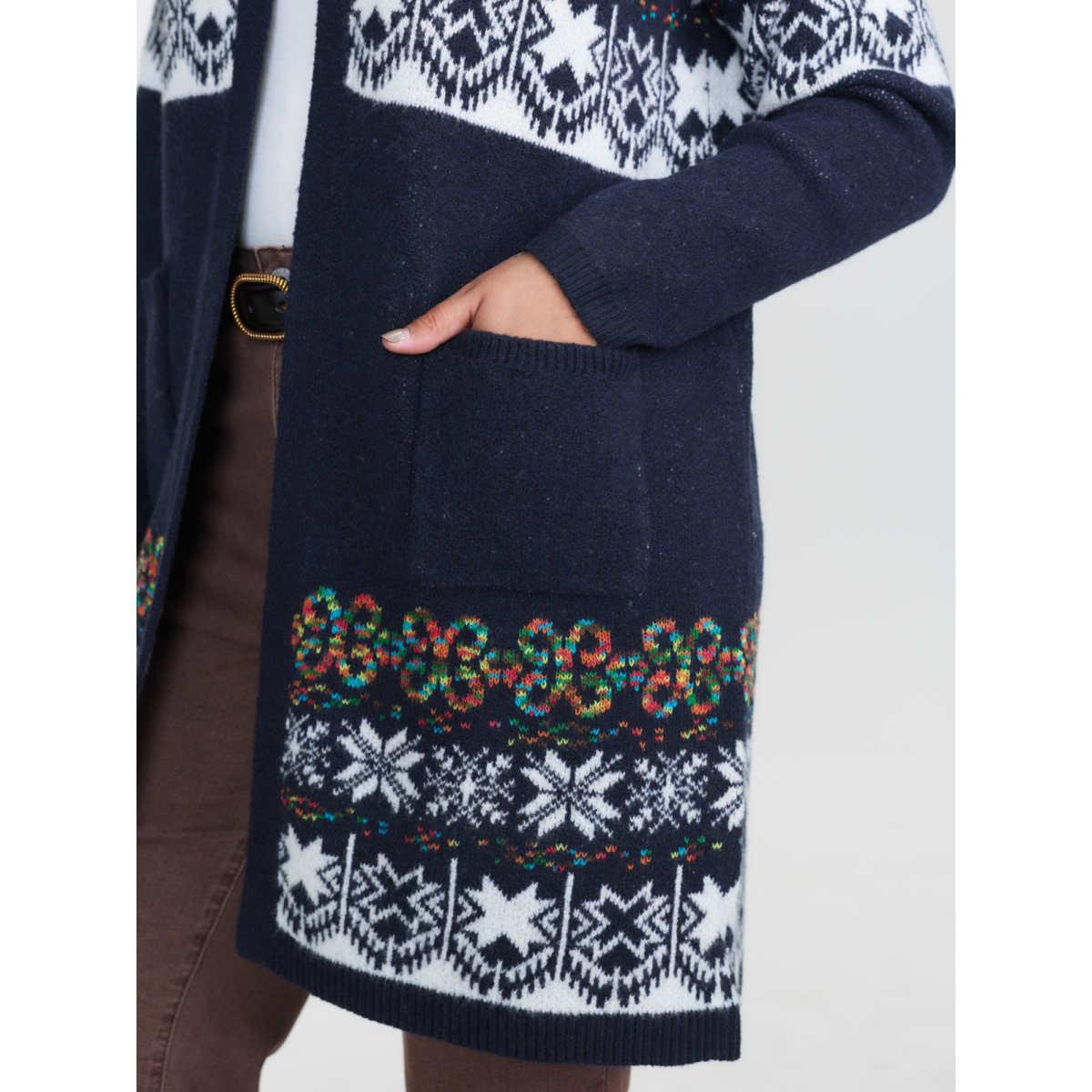 Plus Size Boho Print Jacquard Hooded Knit Cardigan Indigo Women Leisure Loose Long Sleeve Casual Cardigans BloomChic 14-16/1X Product Image