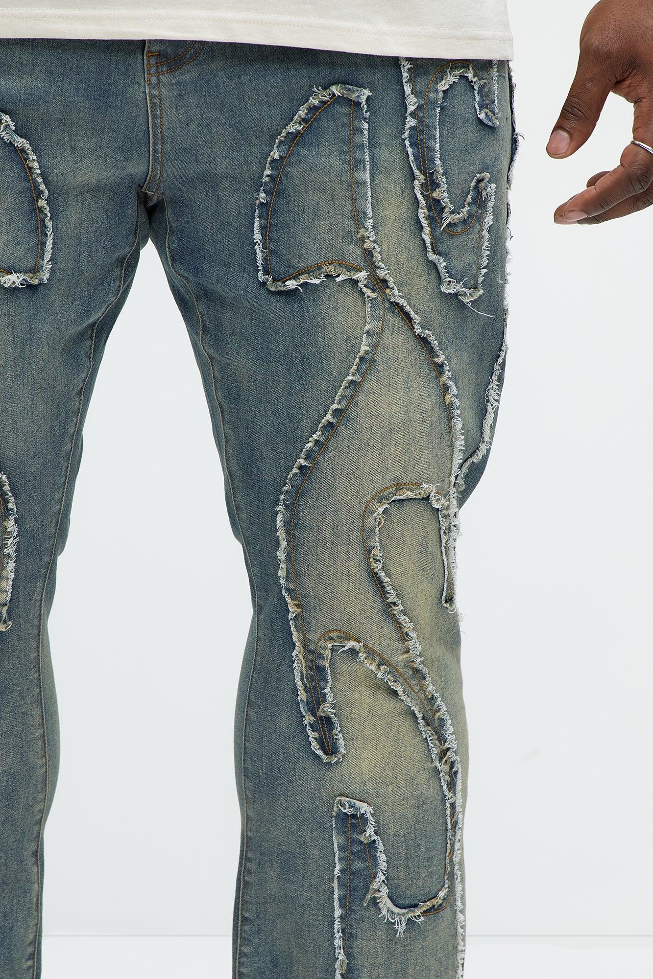 Flame Frayed Patch Stacked Skinny Flare Jeans - Vintage Blue Wash Product Image