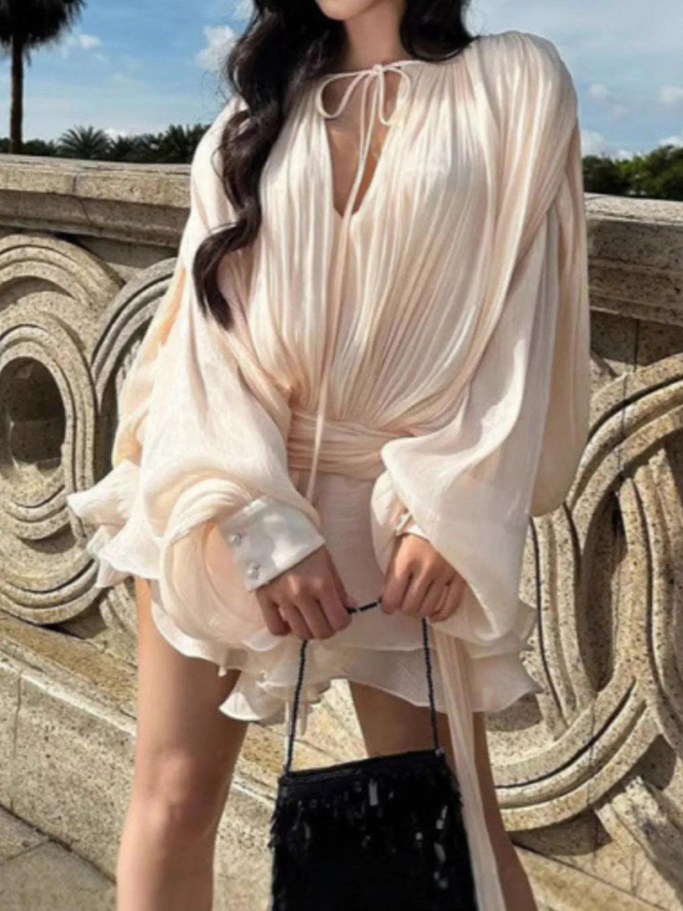 Chiffon Tie Neck Long Sleeve Mini Dress Product Image