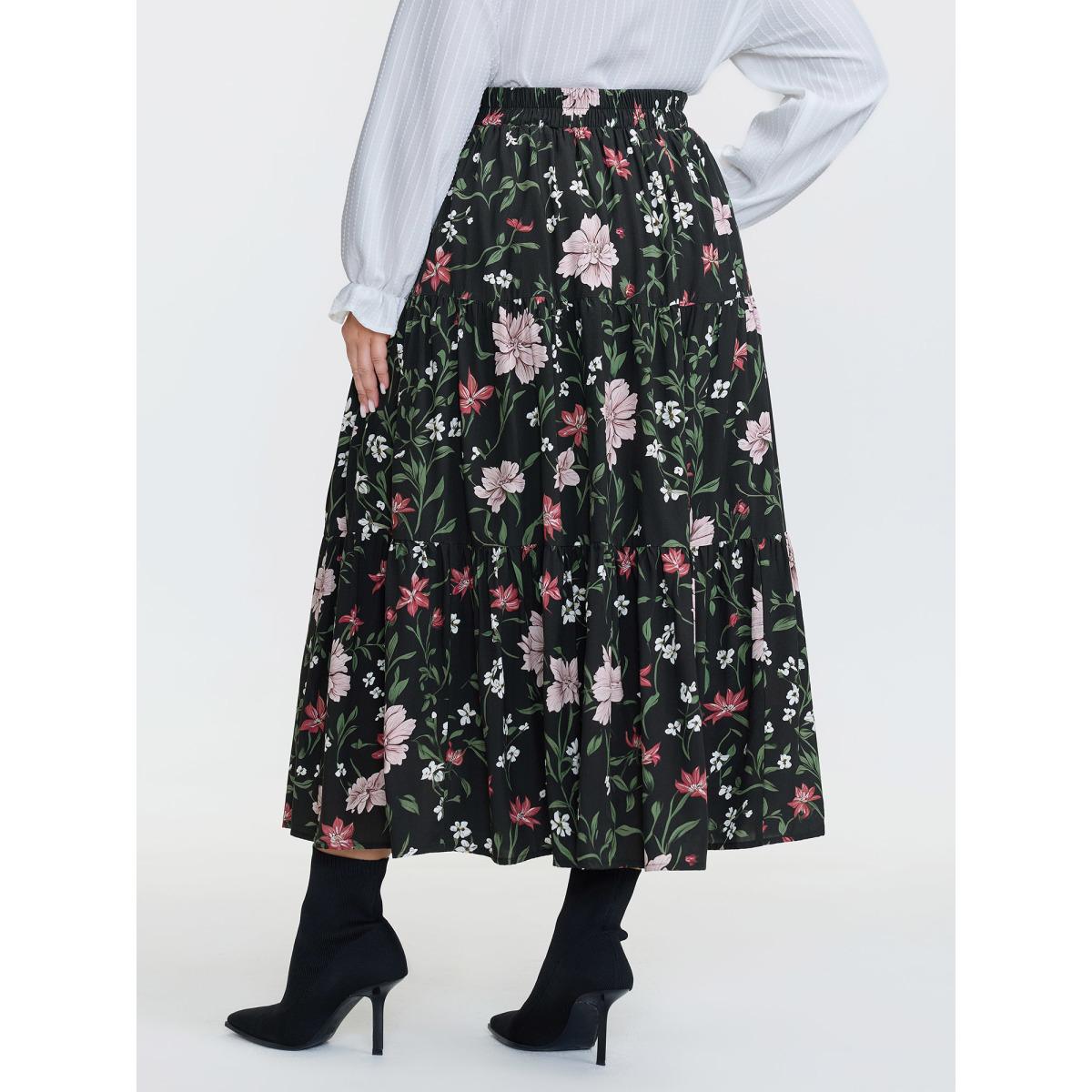 Plus Size Floral Print Stretchy Waistband Maxi Skirt Women Black Romantic No stretch Side seam pocket Elegant Skirts BloomChic 12/L Product Image