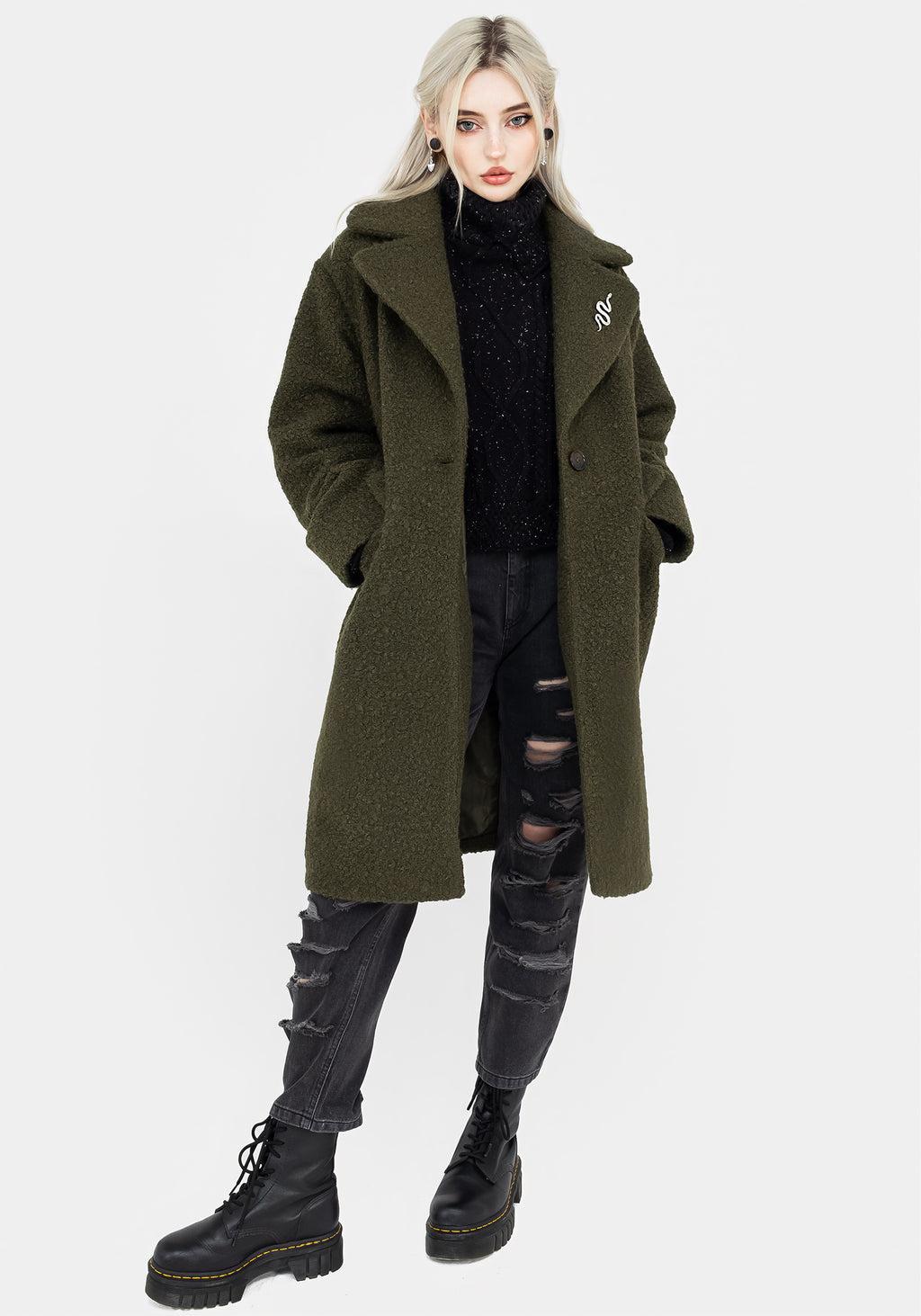 Gorgon Bouclé Oversized Coat with Snake Brooch - Green Product Image