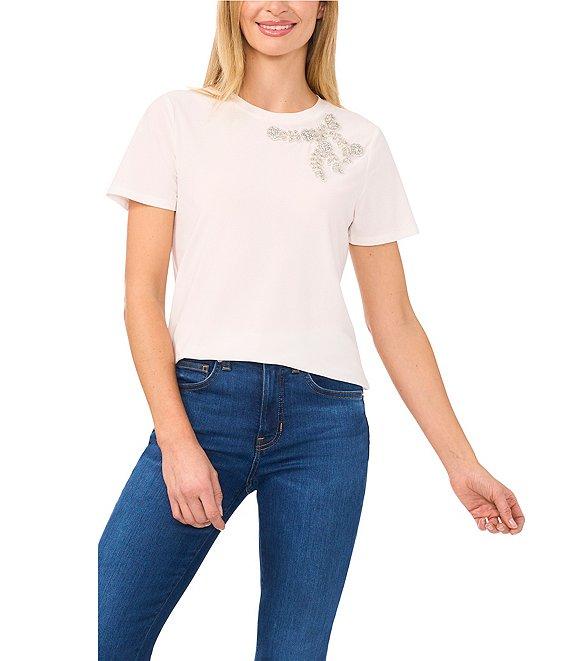 CeCe Knit Crew Neck Short Sleeve Embellished Tee Product Image