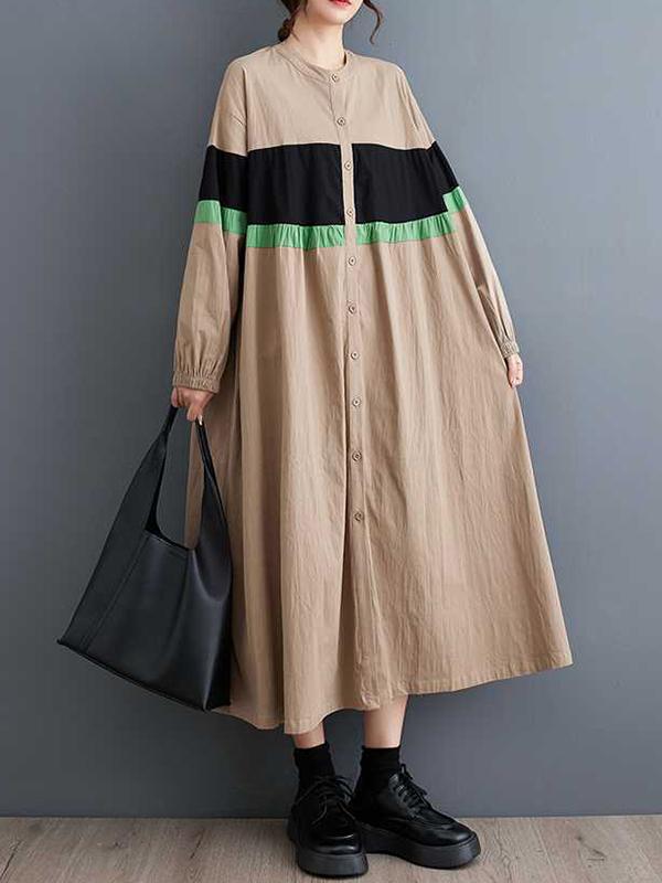 Long Sleeves Loose Buttoned Contrast Color Elasticity Split-Joint Round-neck Midi Dresses Product Image