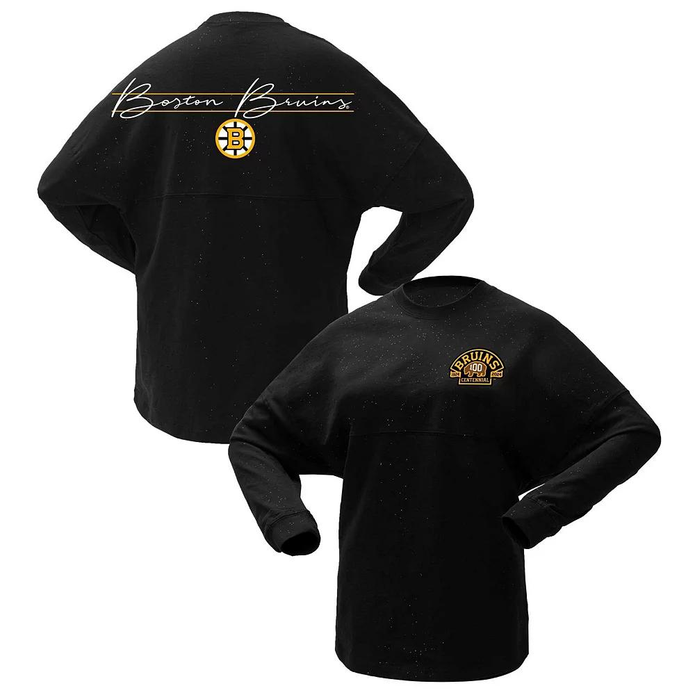 Women's Fanatics Branded Black Boston Bruins 100th Anniversary Sparkle Spirit Jersey T-Shirt, Size: Large Product Image