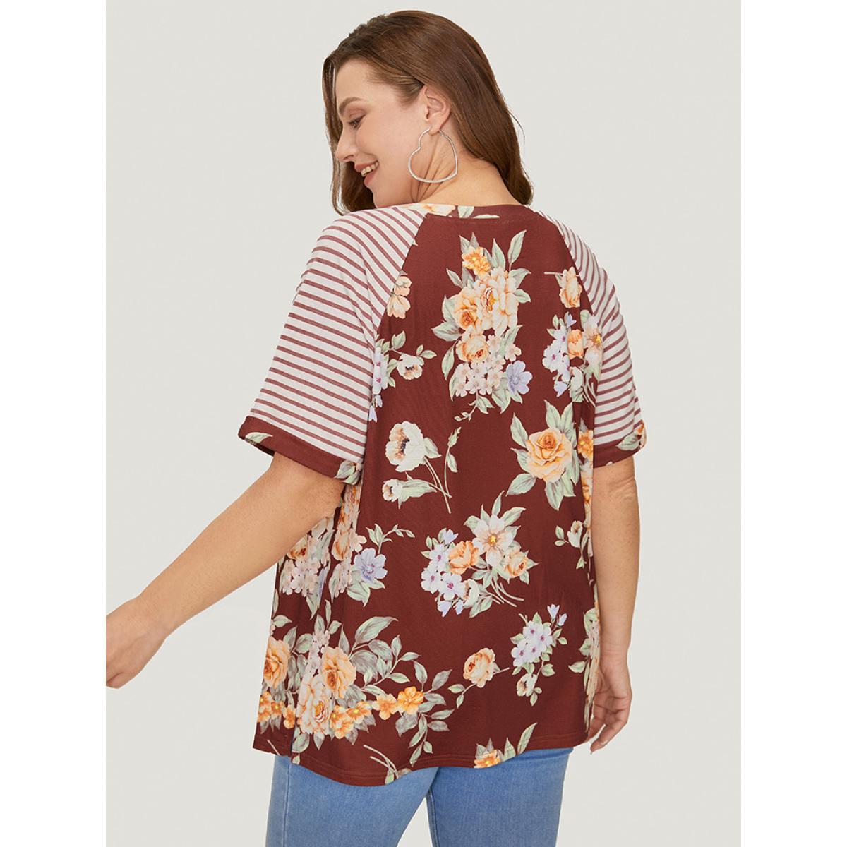 Plus Size Floral & Striped Print Patchwork Roll Raglan Sleeve T-shirt Burgundy Women Elegant Patchwork Striped Round Neck Dailywear T-shirts BloomChic 18-20/2X Product Image