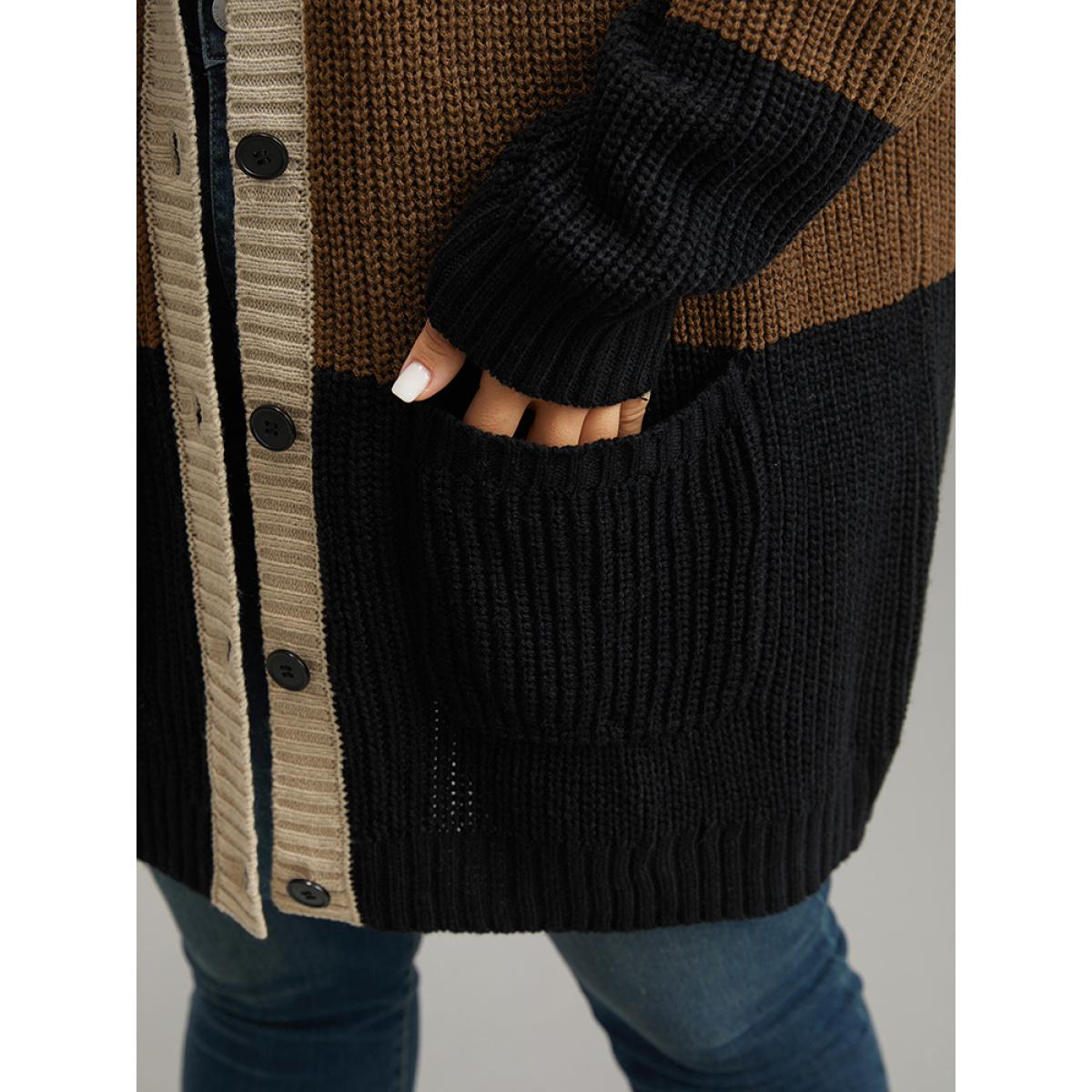 Plus Size Contrast Button Through Patched Pocket Cardigan Multicolor Women Casual Loose Long Sleeve Dailywear Cardigans BloomChic 30/6X Product Image