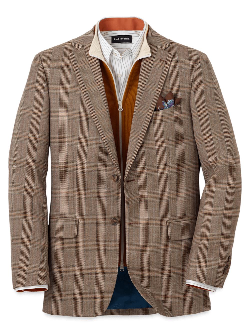 Wool Plaid Single Breasted Notch Lapel Sport Coat - Brown Product Image