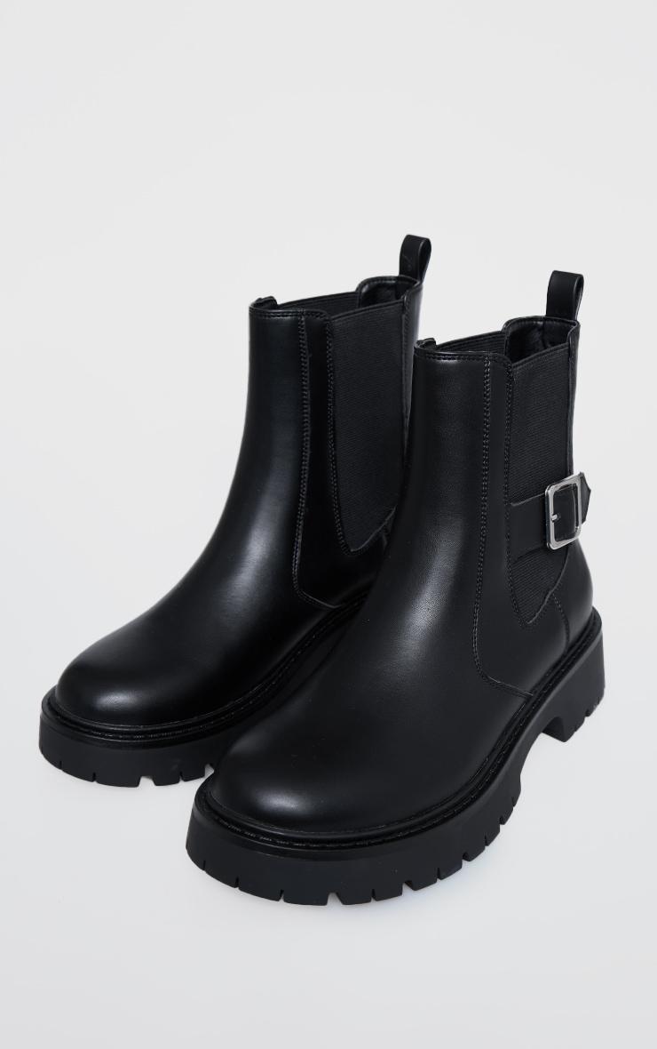 Black PU Round Toe Chunky Sole Ankle Boot Product Image
