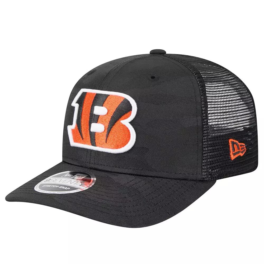 Men's New Era Black Cincinnati Bengals Adventure Camo Trucker 9SEVENTY Stretch-Snap Adjustable Hat Product Image