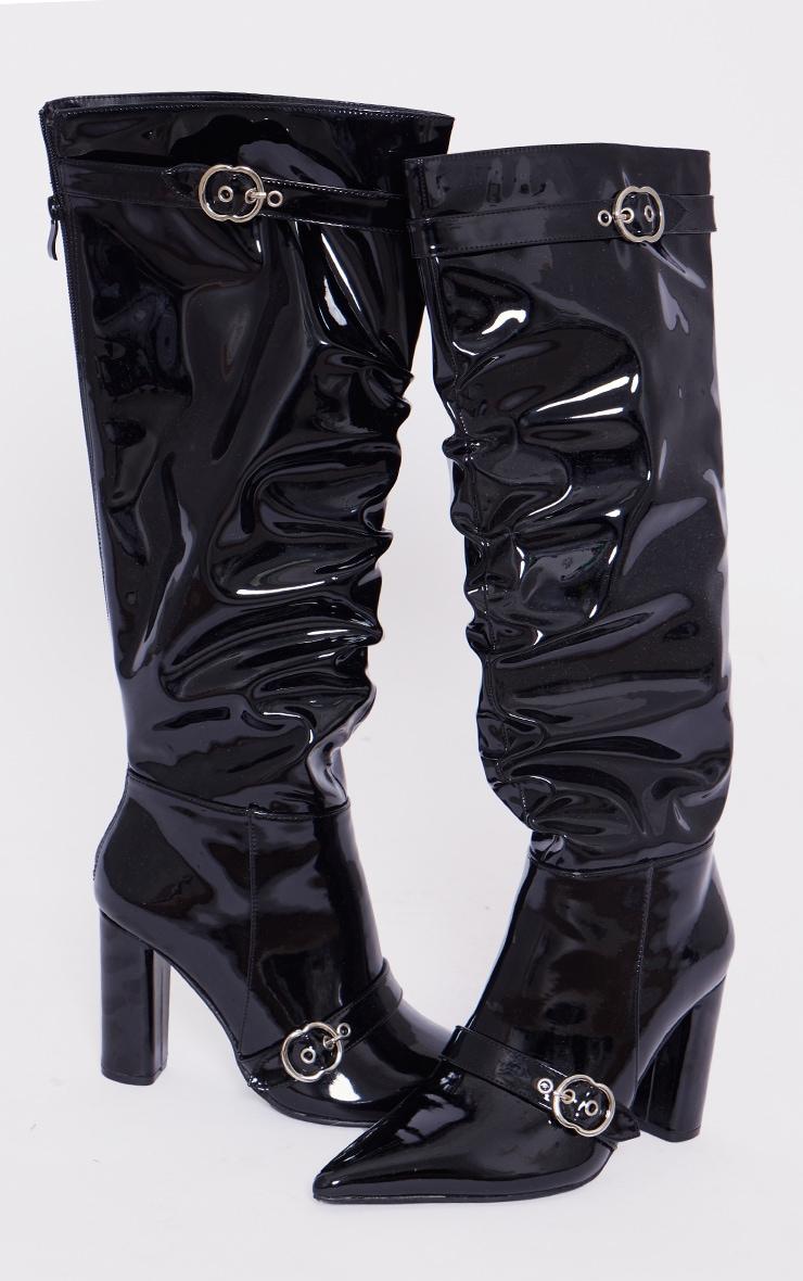 Black Wide Fit Patent Pu Point Toe Buckle Ruched Block Heel Knee Boots Product Image