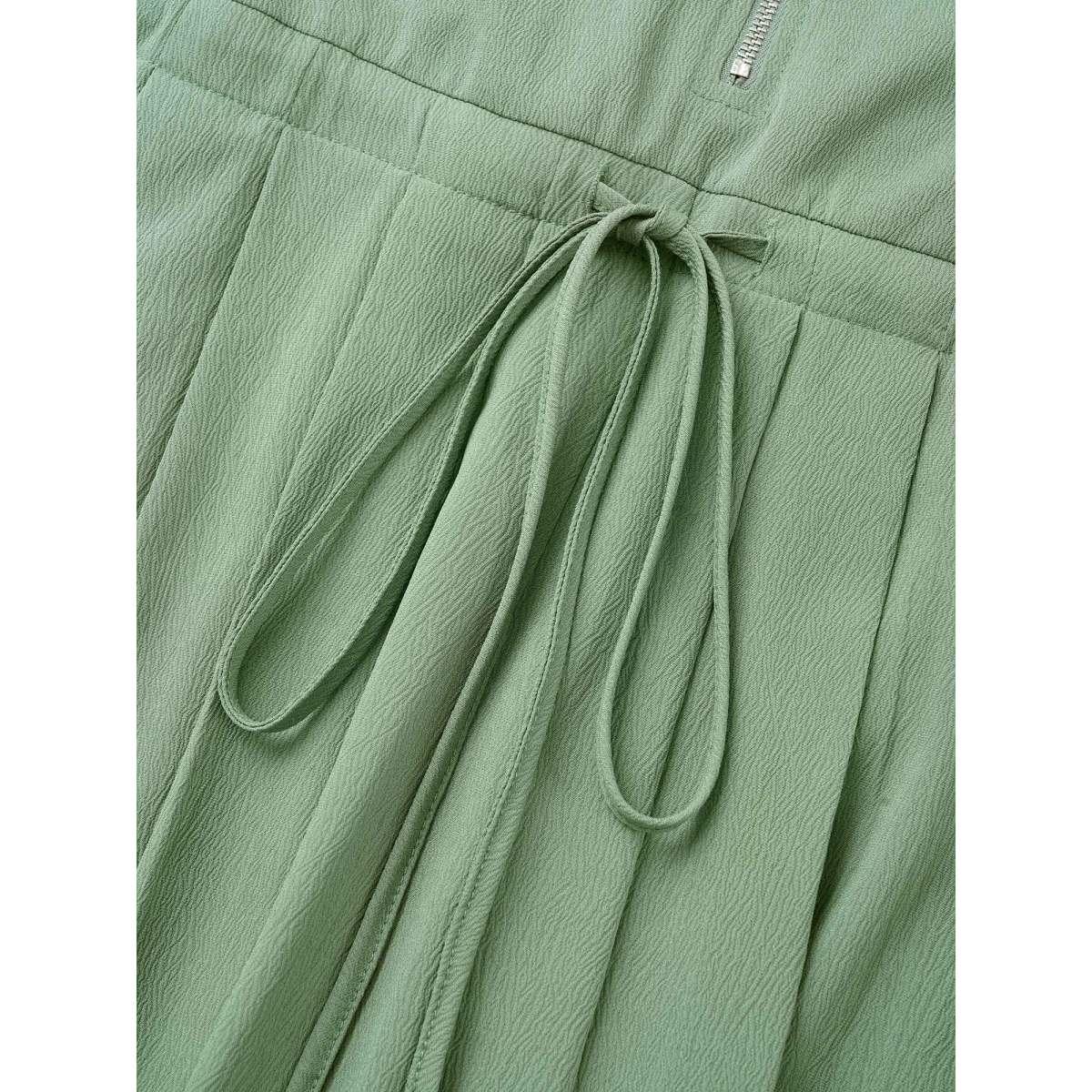 Plus Size Plain Drawstring Half Zip Pleated Dress Sage Women At the Office Non Lapel Collar Short sleeve Curvy Midi Dress BloomChic 18-20/2X Product Image