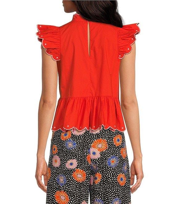 COREY LYNN CALTER Misty Poplin High Neck Cap Ruffle Sleeve Embroidered Top Product Image