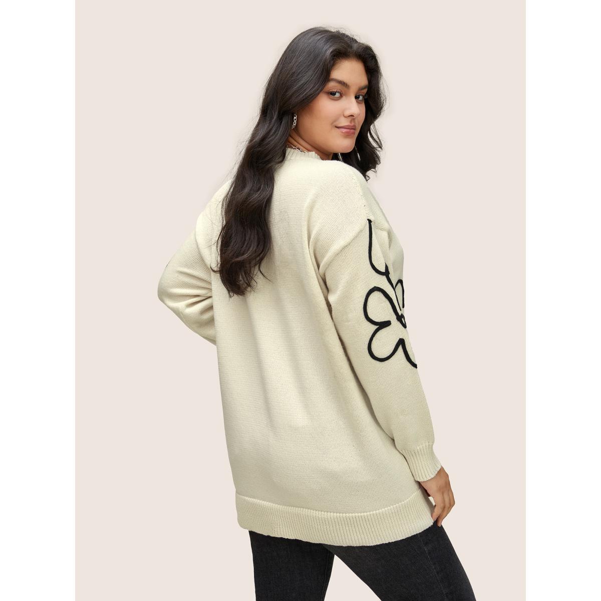 Plus Size Supersoft Essentials Floral Embroidered Crew Neck Pullover Beige Women Casual Loose Long Sleeve Round Neck Everyday Pullovers BloomChic 12/L Product Image