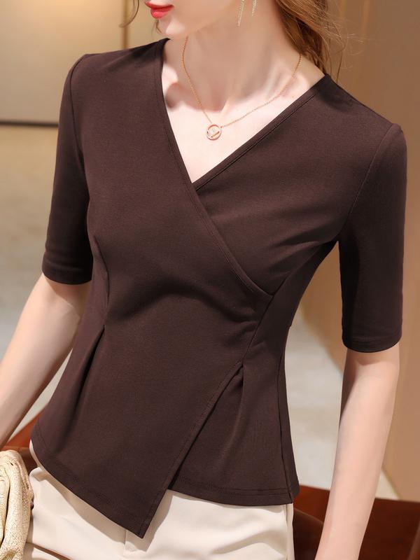 Half Sleeves Asymmetric Skinny Solid Color V-Neck T-Shirts Tops Product Image