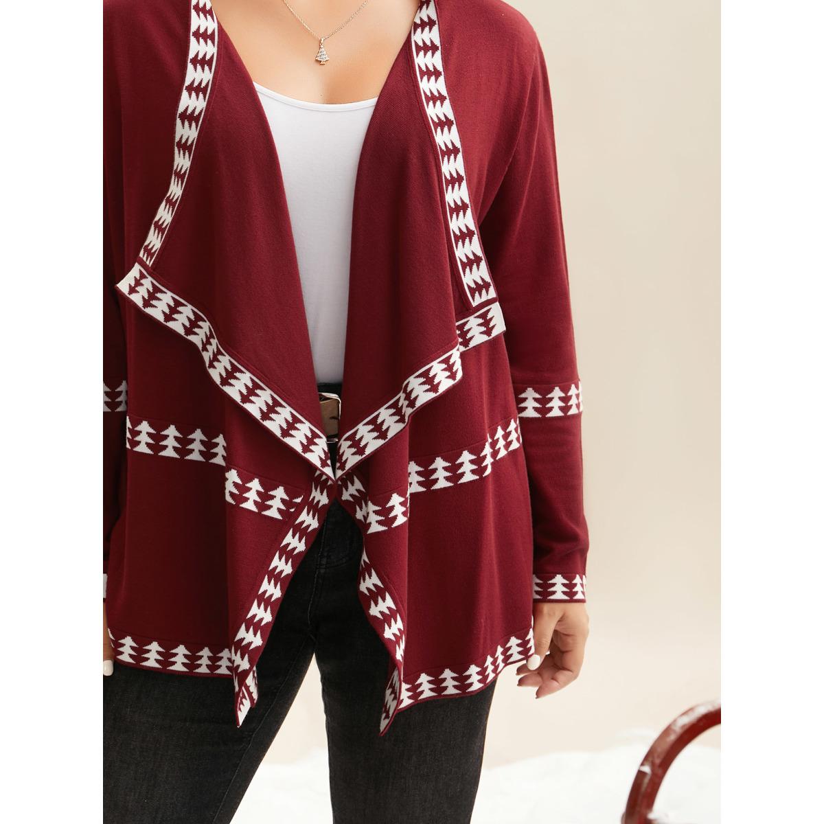 Plus Size Holiday Pattern Hem Lapel Collar Knit Cardigan Burgundy Women Casual Loose Long Sleeve Everyday Cardigans BloomChic 14-16/1X Product Image