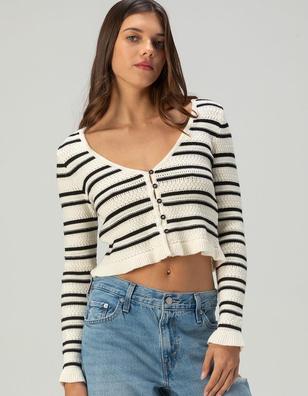 FULL TILT Stripe Button Front Womens Peplum Top Product Image