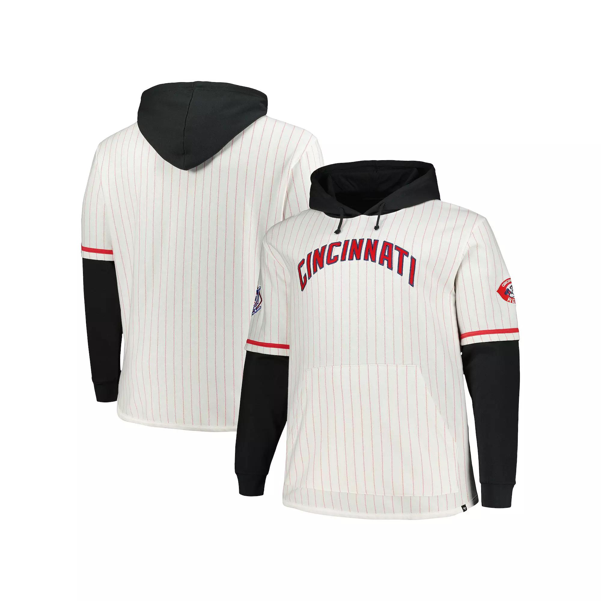 Men's '47 White Cincinnati Reds Big & Tall Pinstripe Double Header Collection Pullover Hoodie,  Product Image