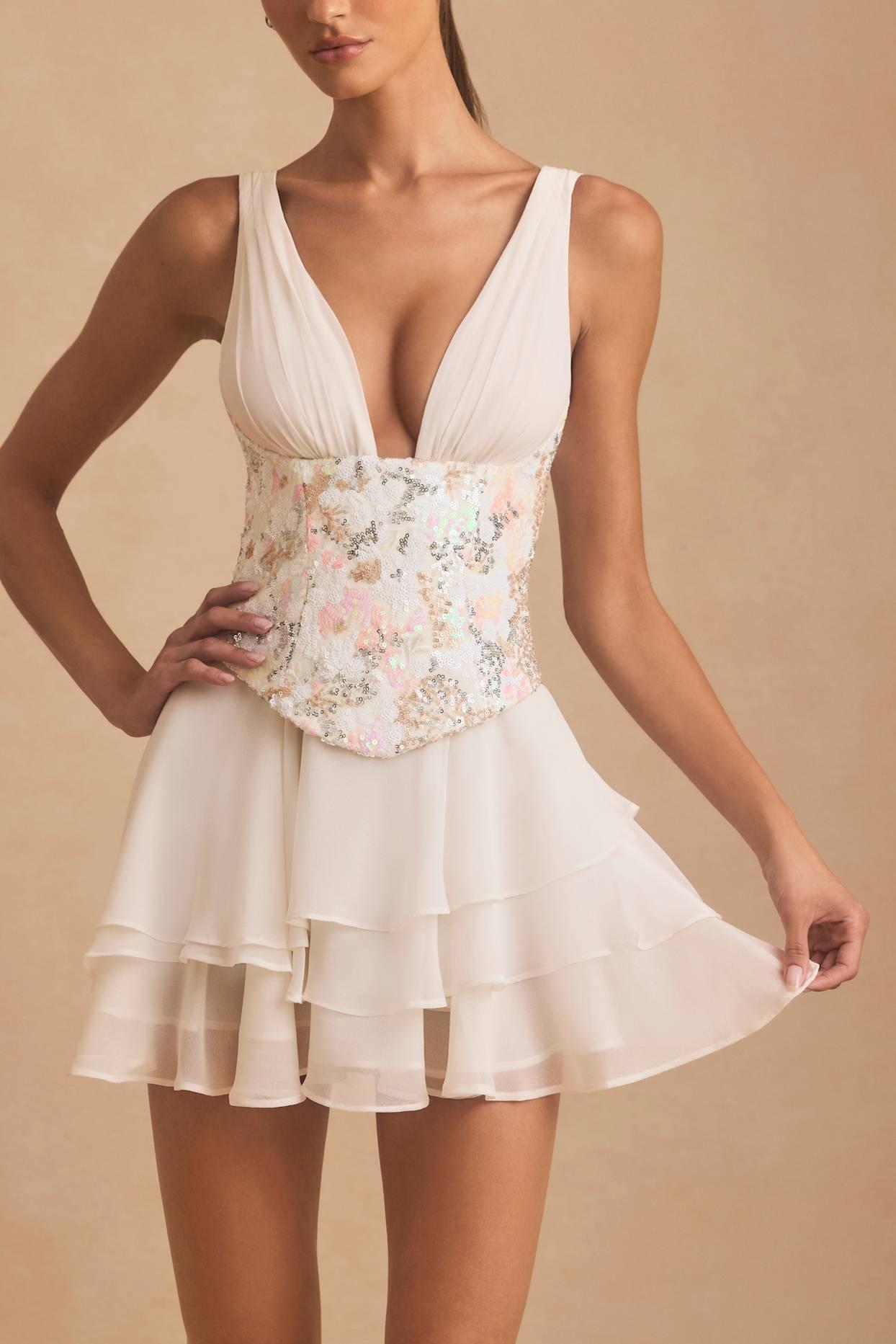 Embellished Ruffled Corset Mini Dress in Ivory Product Image