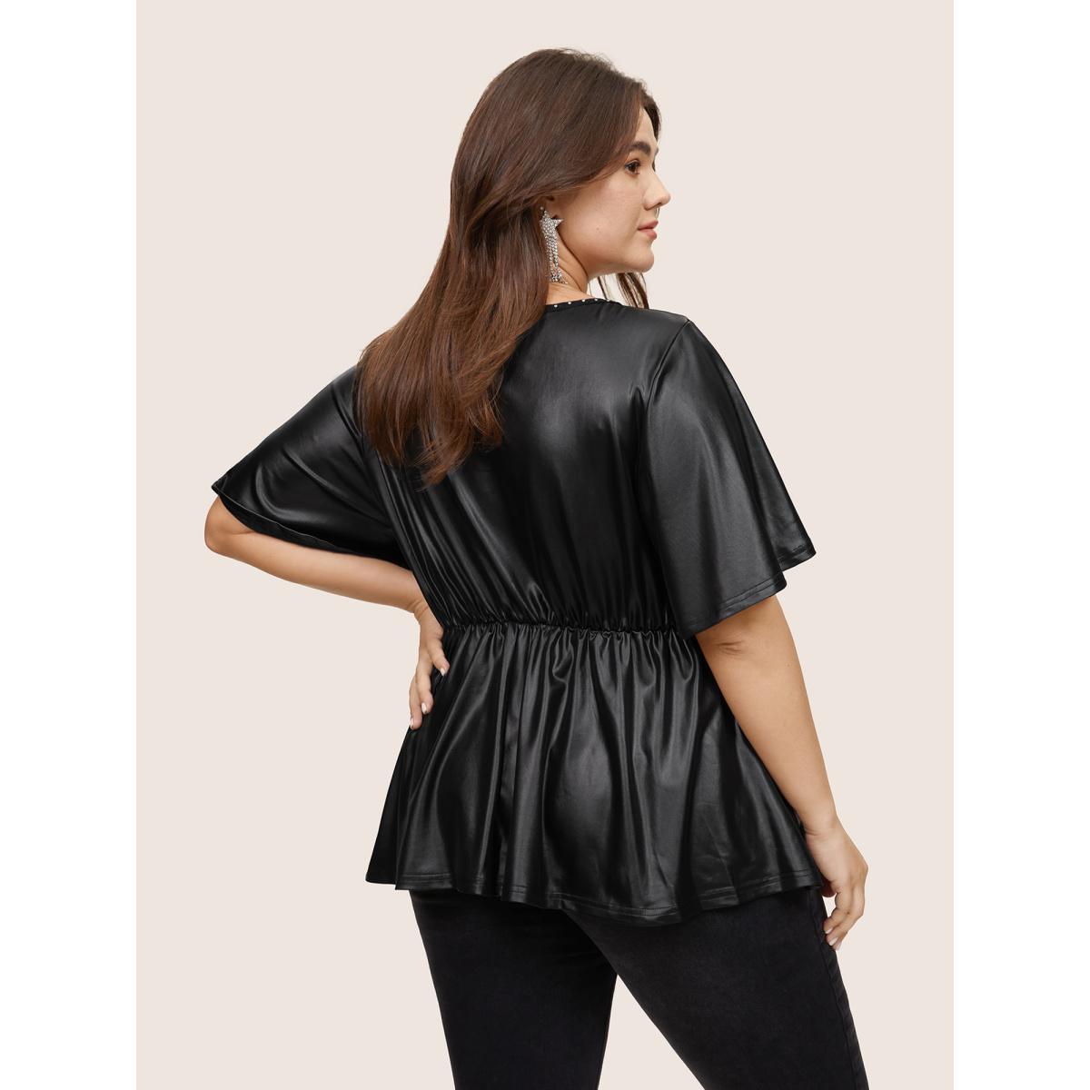 Plus Size Black PU Leather Mesh Patchwork Pearl Beaded Blouse Women Glamour Short sleeve Round Neck Party Blouses BloomChic 28/5X Product Image
