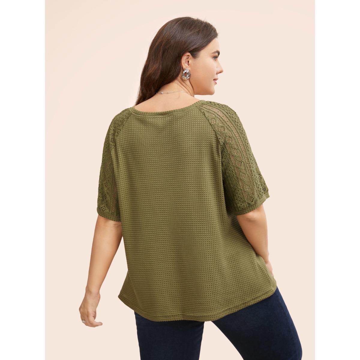 Plus Size V Neck Waffle Knit Crochet Lace T-shirt Olive Women Casual Texture V-neck Everyday T-shirts BloomChic 14-16/1X Product Image
