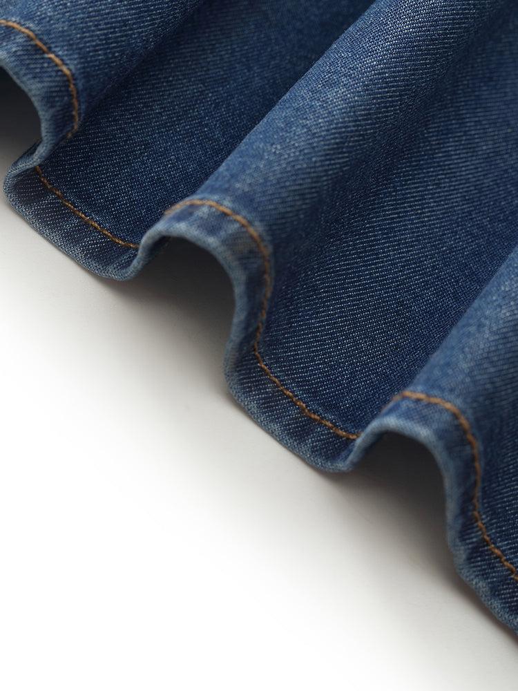 Denim V-Neck Twist Waist Women Midi Dress Product Image