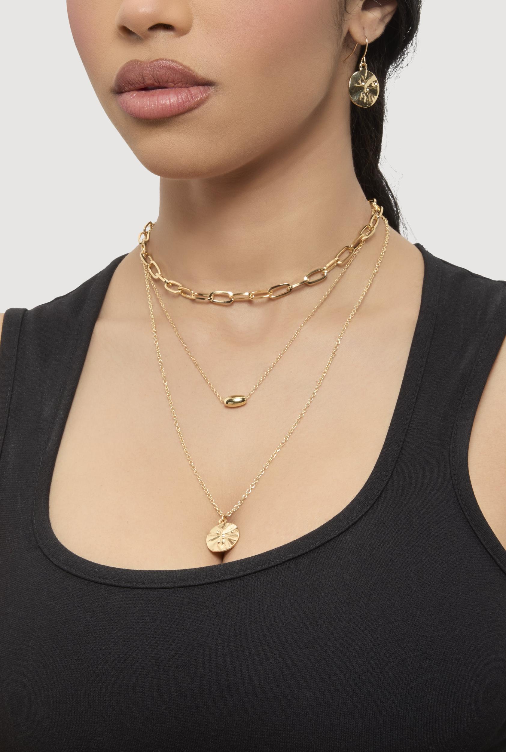 Circle Pendant Layered Necklace and Drop Earrings Unisex Product Image