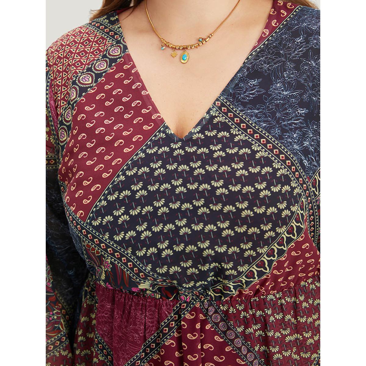 Plus Size Bandana Print Shirred Flutter Hem Dress Multicolor Women Vacation Elastic cuffs V-neck Long Sleeve Curvy Midi Dress BloomChic 18-20/2X Product Image