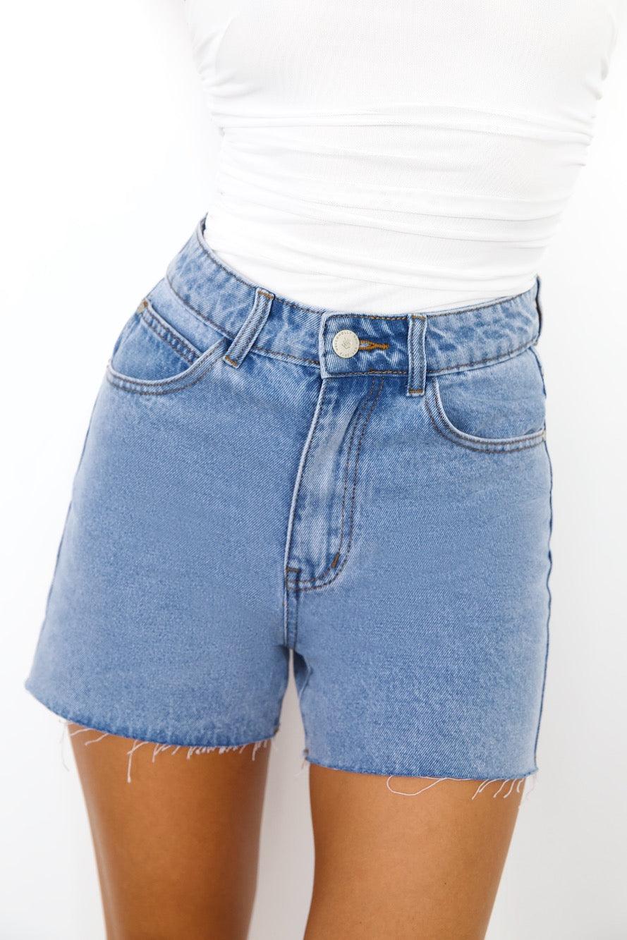 DNM High Rise Frayed Denim Shorts Mid Blue Product Image