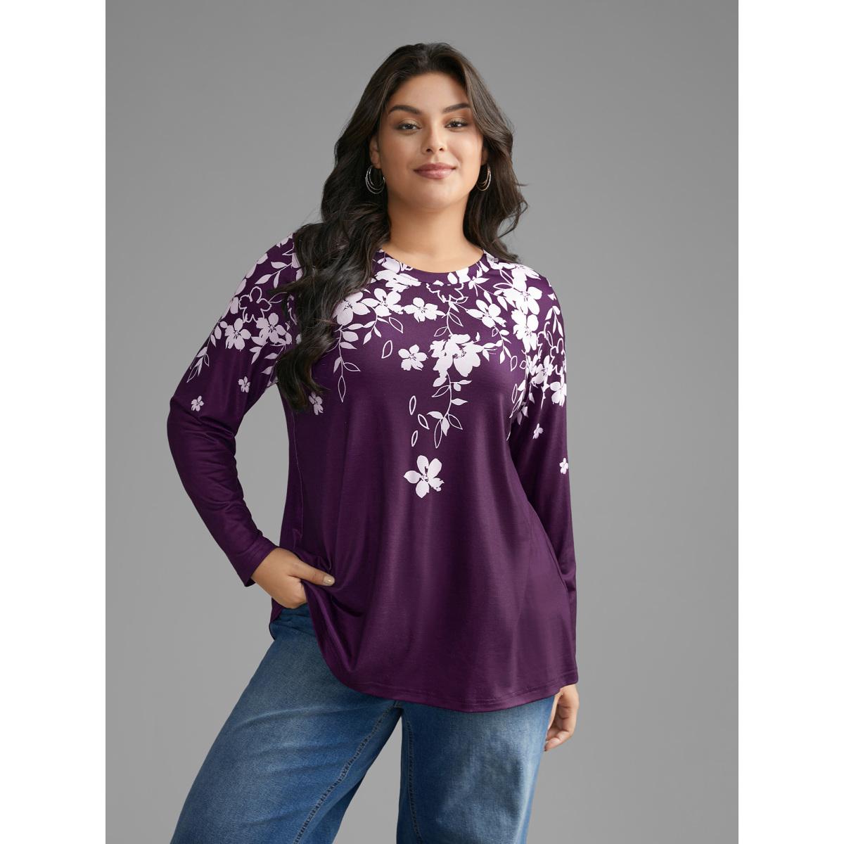 Plus Size Round Neck Boho Print T-Shirt Eggplant Women Casual Contrast Natural Flowers Round Neck Everyday T-shirts BloomChic 26/4X Product Image