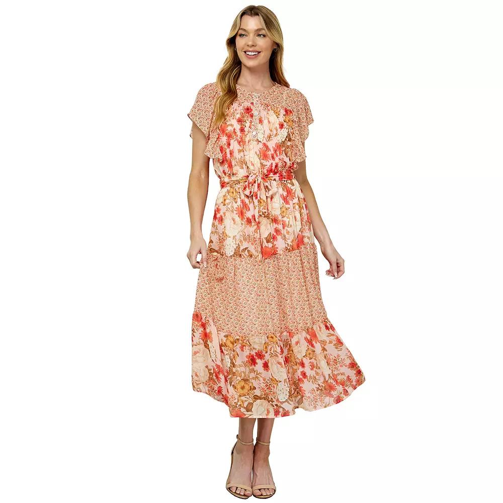 Women's Figueroa & Flower Ruffle Sleeve Midi Dress, Size: Medium, Peach Orange Product Image