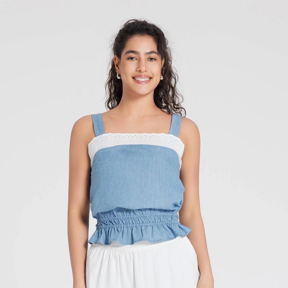 Women's Embroidered Cami - Universal Thread™ Blue Denim L Product Image