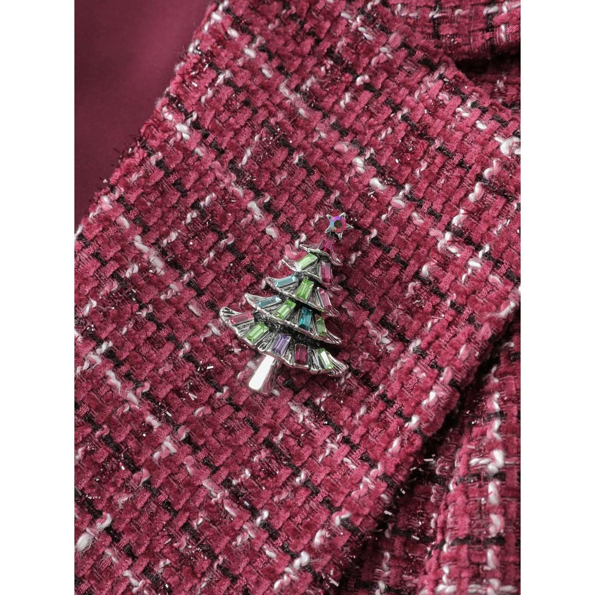 Plus Size Tweed Brooch Waist-Defining Blazer Burgundy Women Elegant Button Sleeve Extra Long Sleeve Suit Collar 14-16/1X Open pocket with flap Timeless Blazers BloomChic Product Image