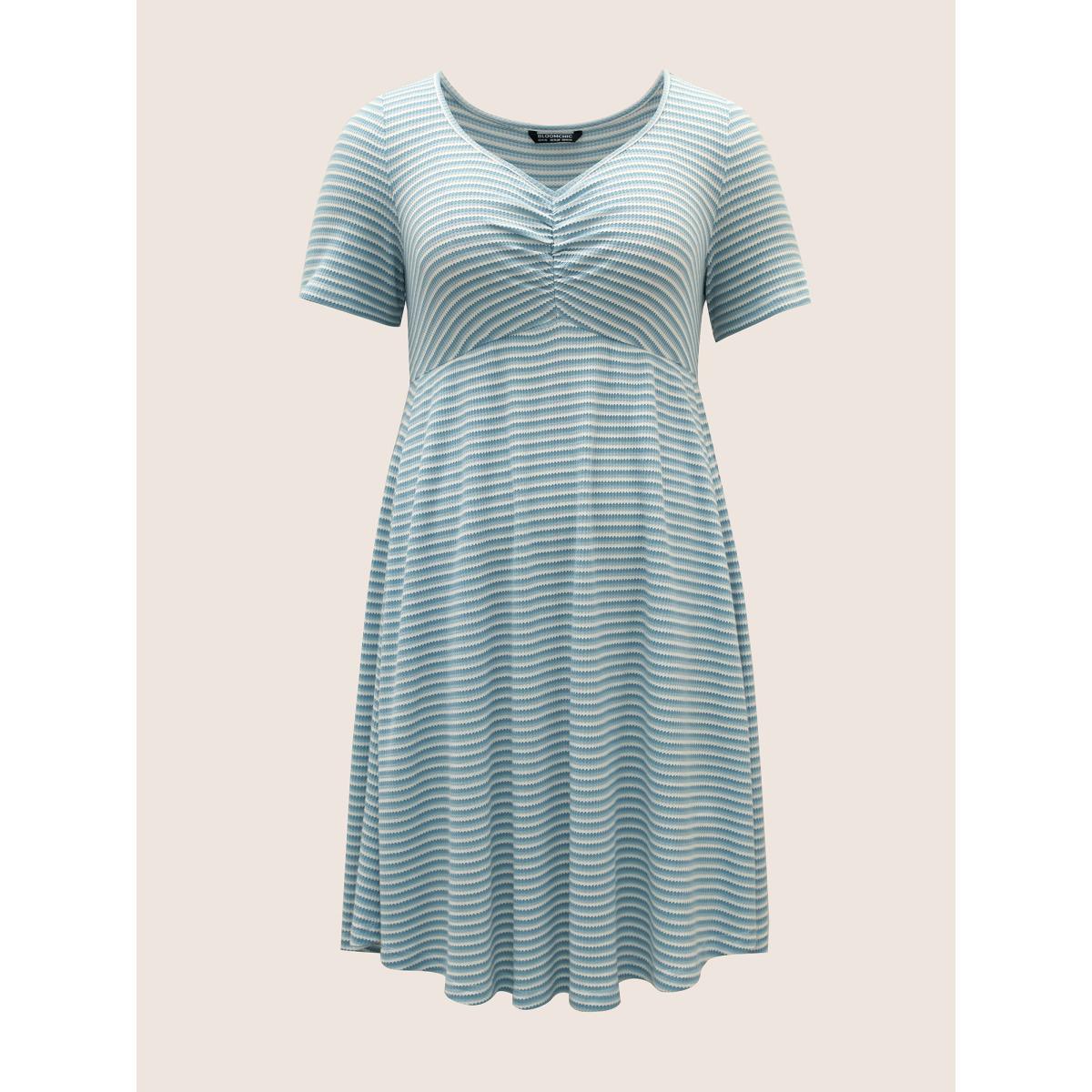Plus Size Stripes Waffle Knit Ruched Pocket Dress LightBlue Women Casual Gathered Heart neckline Short sleeve Curvy BloomChic 18-20/2X Product Image