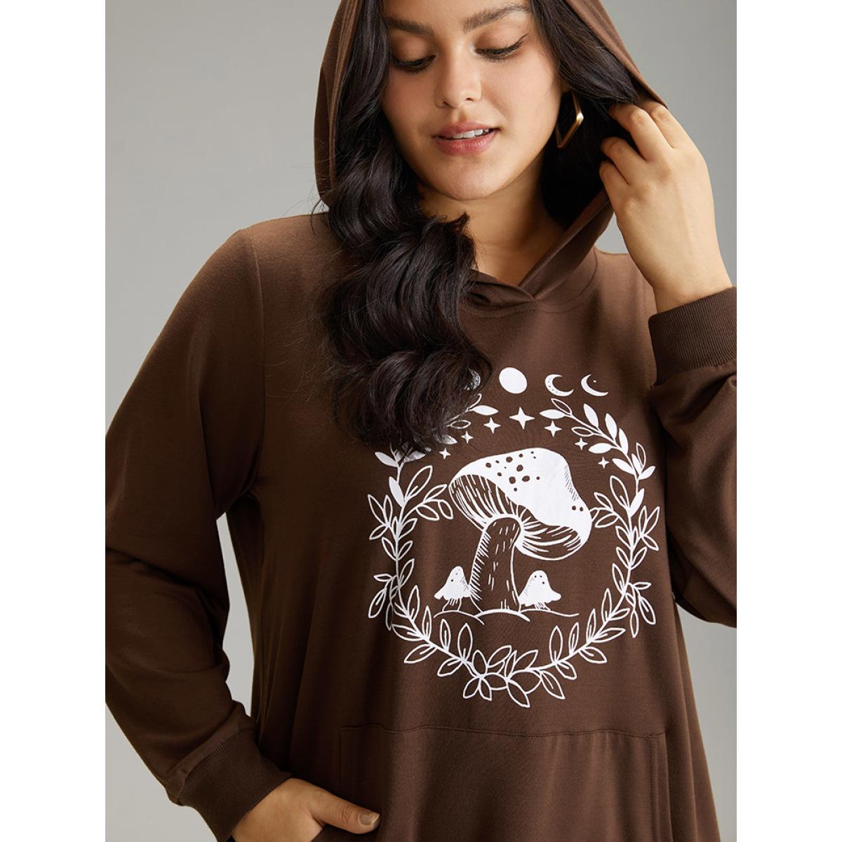 Plus Size Plants Print Hooded Kangaroo Pocket Sweatshirt Women DarkBrown Casual Printed Dailywear Sweatshirts BloomChic 18-20/2X Product Image