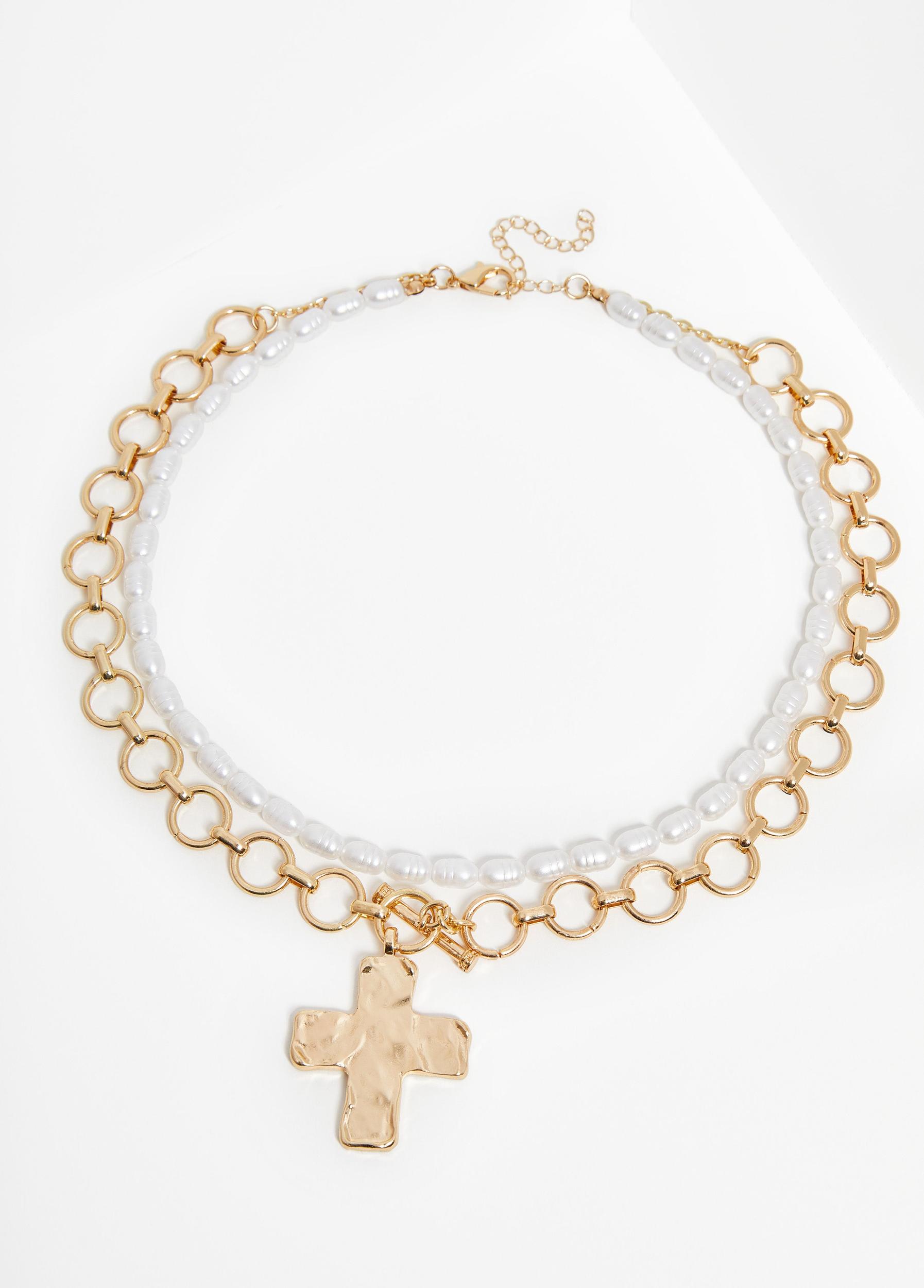 Layered Faux Pearl Cross Necklace Product Image