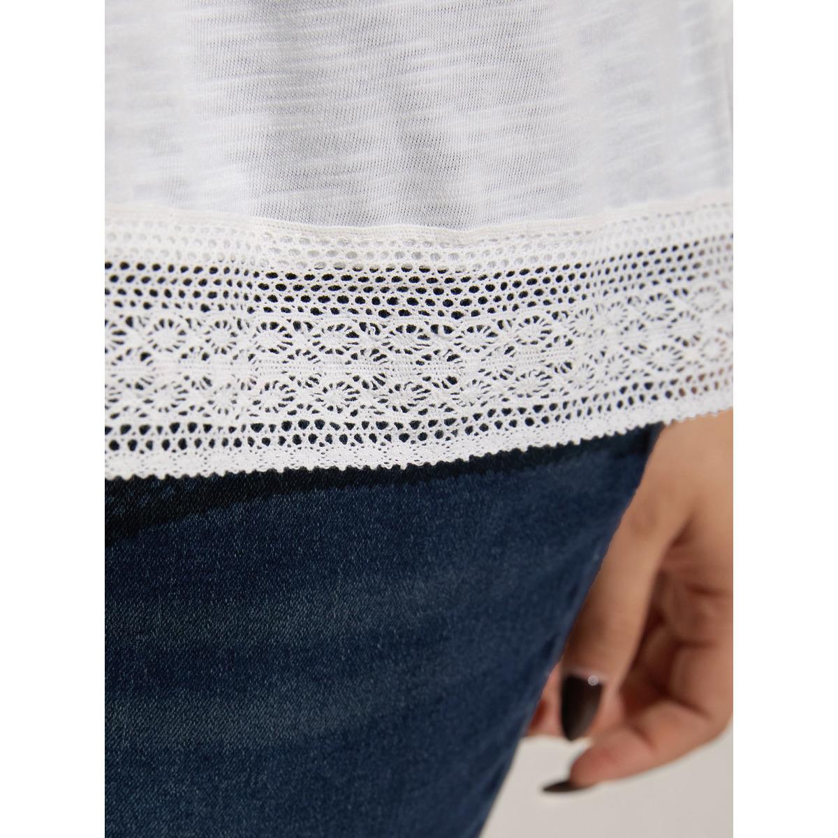 Plus Size Cotton Lace Trim Sheer Solid T-Shirt Originalwhite Women Boho Tucked seam Round Neck Vacation T-shirts BloomChic 22-24/3X Product Image