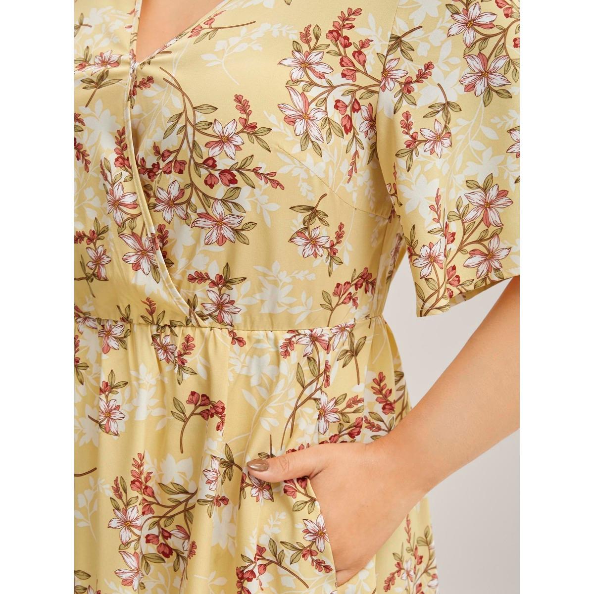 Plus Size Large Flower Print Pockets Surplice Midi Dress Lightyellow Women Overlap Collar Half Sleeve Curvy BloomChic 22-24/3X Product Image