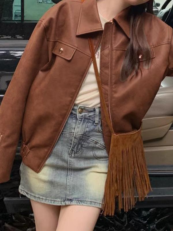 Vintage Brown Zip Up Elastic Hem Leather Jacket Product Image